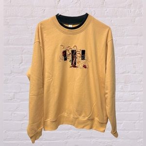 Vintage fall tree theme Embroidered Granny Sweatshirt Large pale Yellow 90s